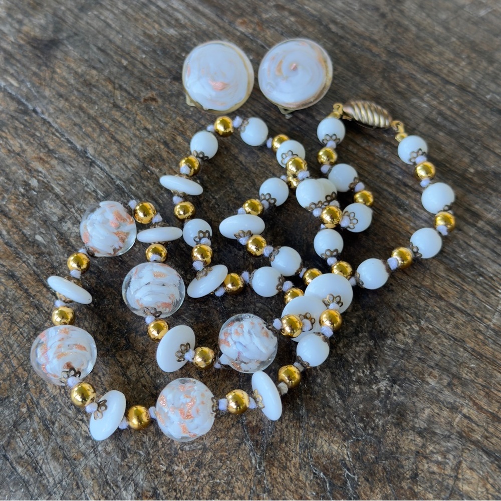 Vintage 1950’s Murano Aventurine Glass Bead Necklace Earrings Set; White & Gold